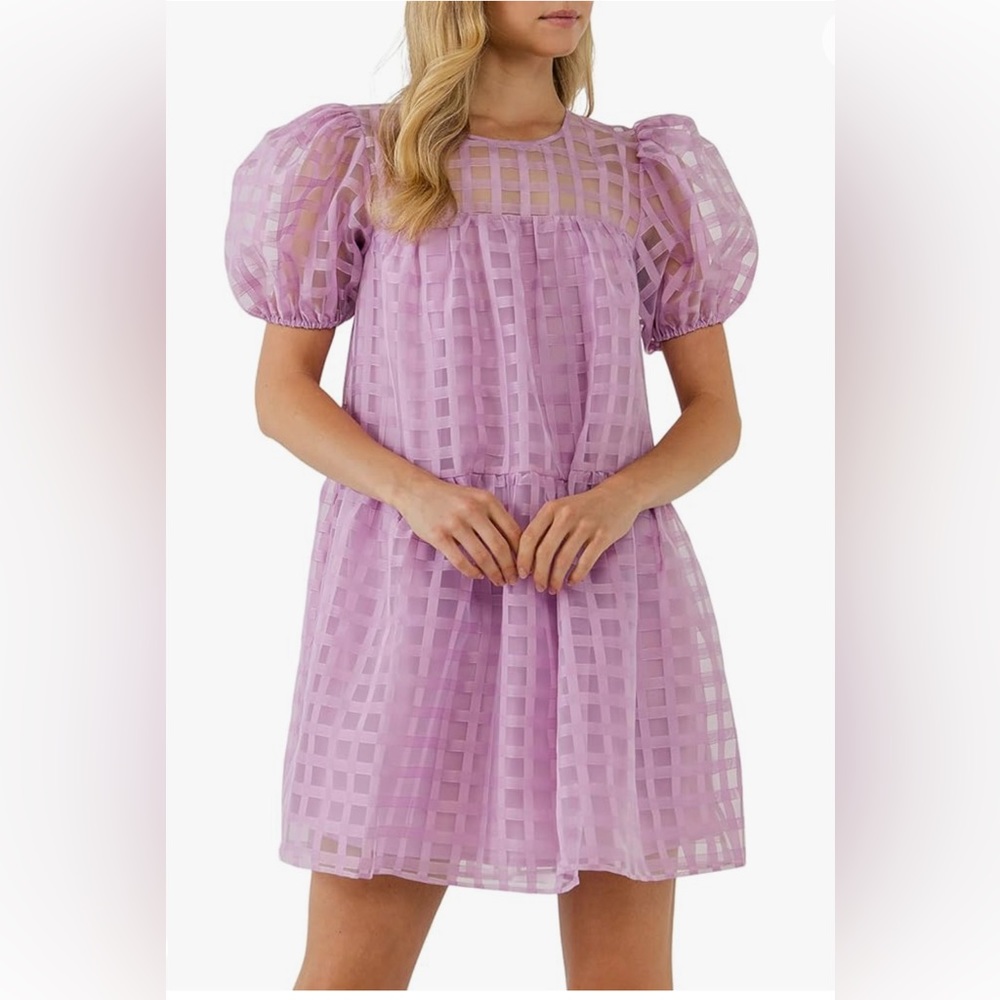 English Factory Gridded Puff Sleeves Mini Dress